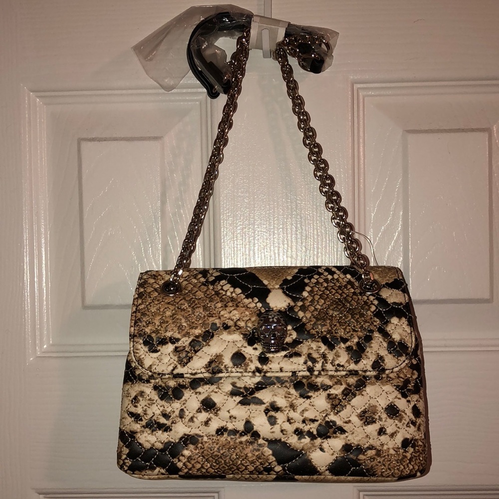 New Betsey Johnson Tan Snake Print Chain Strap Small Crossbody